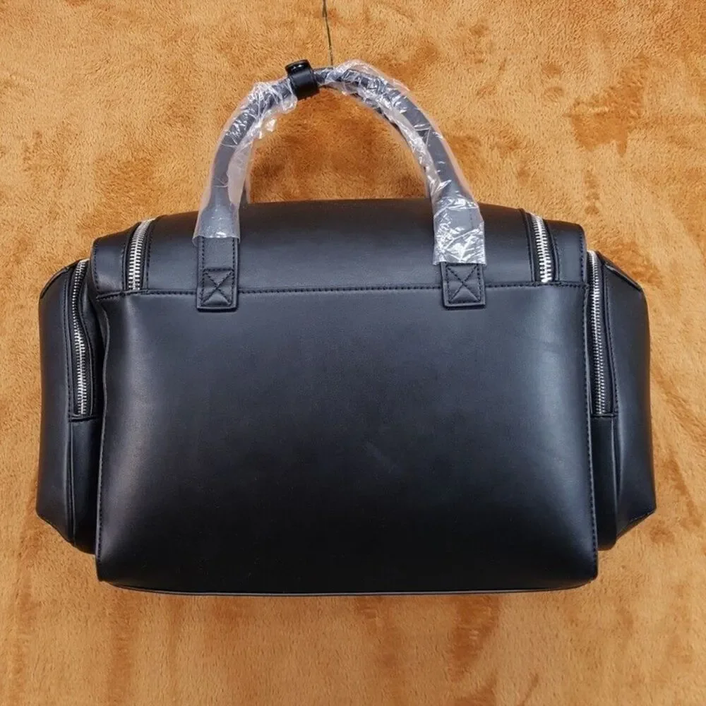 ALFANI Mens Black Faux Leather Duffle Bag Travel Weekender Carry-On Gym Bag